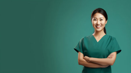 Friendly medical doctor or nurse in green uniform scrubs on copyspace background.の素材