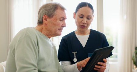 Elderly man, tablet and nurse consultation, healthcare and reading health exam results, test data or...
