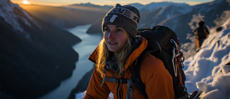 Candid shot of hiker on mountain top. Snowy mountain. Extreme sport concept.の素材