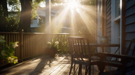 Sunlight on home backyard patio. Terrace design idea with table and chairs.の素材