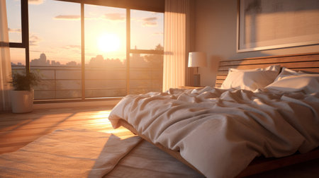 Sunlight on bed in simple bright bedroom. Cozy home interior designの素材