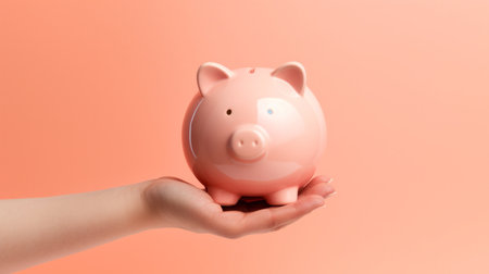 Hand holding a piggy bank. Savings, budget and money management conceptの素材