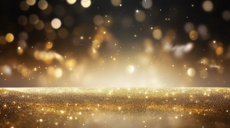 Gold glitter glow particle bokeh background. Festive celebration wallpaper conceptの素材