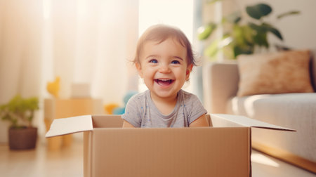 Toddler baby inside a box. Moving in concept. New home or relocation, investmentの素材