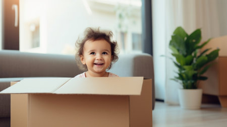 Toddler baby inside a box. Moving in concept. New home or relocation, investmentの素材