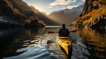 Man on kayak in calm river. Extreme sport concept.の素材