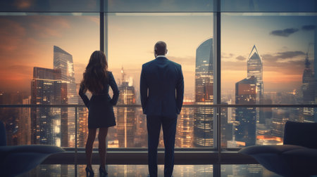 Silhouette of a business people or executive looking at cityscape from office windowの素材