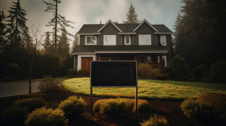 New home for sale sign. Beautiful surburban or residential home exteriorの素材