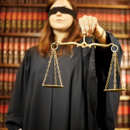 Blindfolded, lawyer and closeup of a scale for justice, court decision or criminal advocate. Office,...