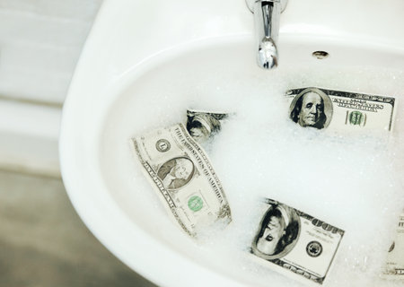 Bubble water, cash and money in a basin for deal, inflation or budget in a bathroom at home. Wealth, soap and dollar bills in foam in a sink for economic fraud or bankruptcy at modern house.の写真素材