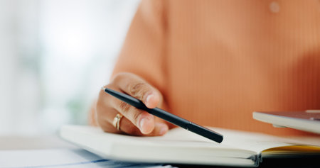 Notes, woman writing and hand with book for planning, schedule and home office with paperwork....