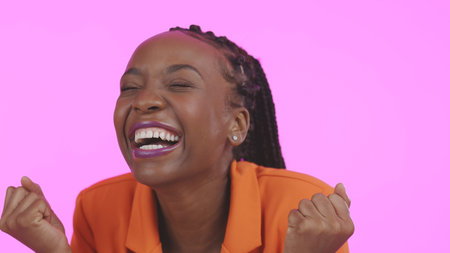 Black woman, winner or happy for prize, smile or excited with face, good news or purple studio...