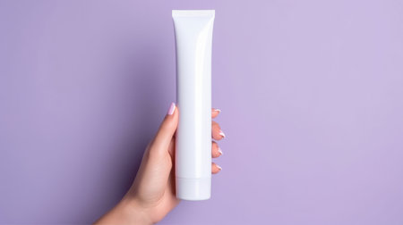 Close up of hand holding tube cosmetics product. Skincare hygiene moisturiserの素材