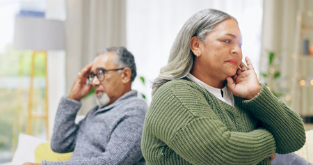 Senior couple, ignoring and upset on fight, argument and divorce for marriage problems. People,...