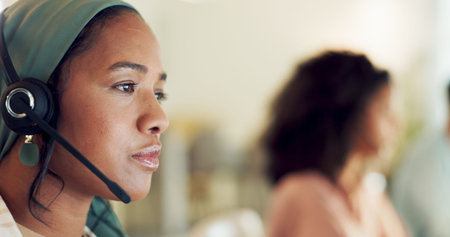 Telemarketing, black woman and contact us worker on a consultation at call center working....