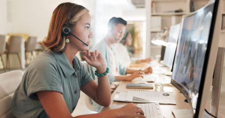 Call center, consulting and thinking with black man in office for contact us, communication and...