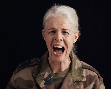 Portrait, shout and senior woman, soldier or Ukraine war hero with PTSD trauma, fear or depression...