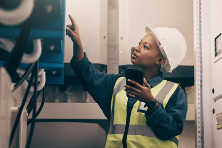 Black woman, engineering technician and phone in control room to connect system, mechanic industry or machine maintenance. Female electrician, mobile technology or check power at electrical generatorの写真素材