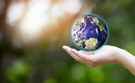 Woman, hands and palm with planet earth for eco friendly environment, global warming or nature....