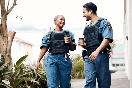 Police, conversation and team on a coffee break after investigation, walking and patrol for law...