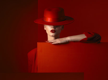Hat, fashion and mockup with a woman on a red background in studio for marketing, advertising or branding. Luxury, aesthetic style or a trendy young female person standing with empty poster spaceの写真素材