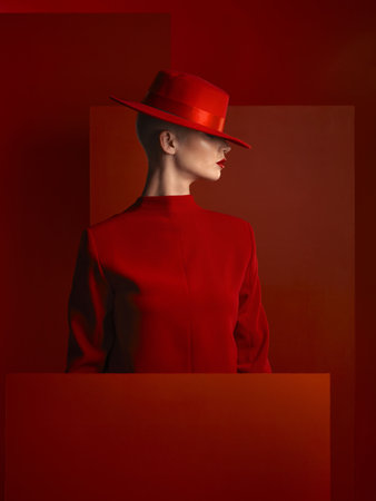 Profile, fashion and mockup with a woman on a red background in studio for marketing, advertising or branding. Luxury, aesthetic style or trendy young female model standing with space for a logoの写真素材