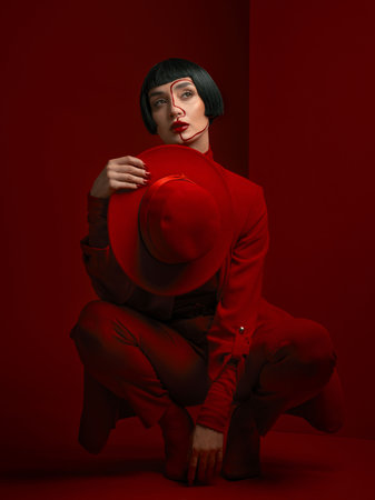 Woman, fashion and art deco, red aesthetic with beauty and makeup with vintage style shine on studio background. Female model, thinking and bold cosmetics, female model with glamour and creativeの写真素材