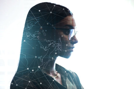 Tech, cybersecurity or facial recognition of a woman user with biometric identification for network...