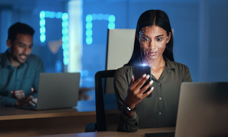 Woman, phone with facial recognition and futuristic biometric cybersecurity, id or scan face for...