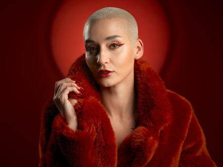 Fashion, portrait and confident woman in a red coat in studio isolated on a background. Face, makeup and serious model with cosmetics, aesthetic and style, trendy and fur clothes from Switzerland.の写真素材