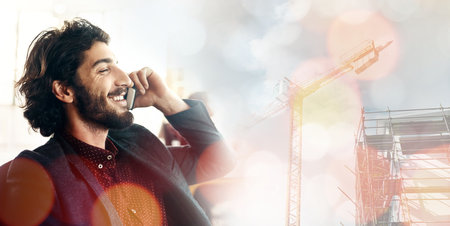 Businessman, phone call and construction site in double exposure for networking, conversation and smile. Man, smartphone and ceo architect with happiness, success and communication for property dealの写真素材