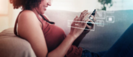 Woman, phone or online shopping hologram on app store deal, ecommerce sales or futuristic e...