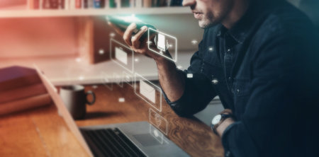 Businessman, phone or voice microphone abstract in home office memo, networking or futuristic message. Speech recognition, talking or 3d mobile technology on translation app or worker communicationの写真素材