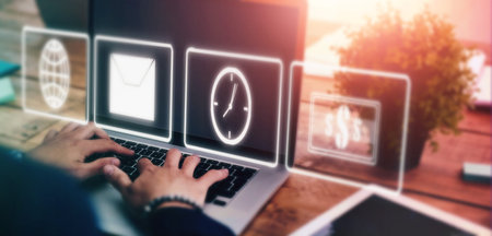 Laptop, icons and hands with digital overlay for networking app, email communication and time...