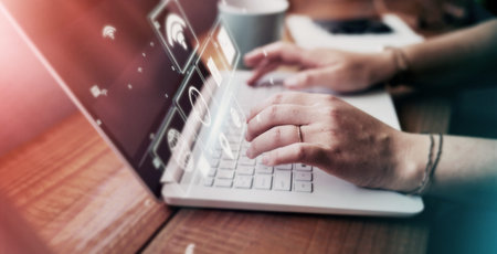 Woman, hands and laptop hologram abstract in networking cybersecurity, remote research or...