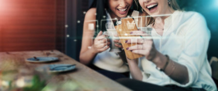 Women, phone or online shopping hologram on app, ecommerce website or futuristic e commerce. 3d,...