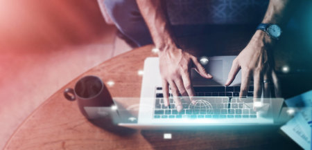 Top view, hands or laptop hologram abstract in networking cybersecurity, internet research or data...