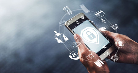 Hands, phone and digital transformation for cybersecurity, mobile app or technology icons at night....