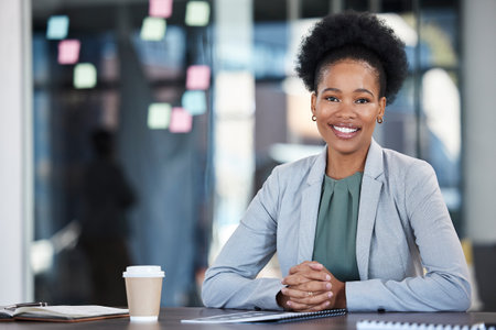 Happy business portrait of black woman planning company project, goals and startup management career. Professional employee, Human Resources manager or person ideas, vision for success and leadershipの写真素材