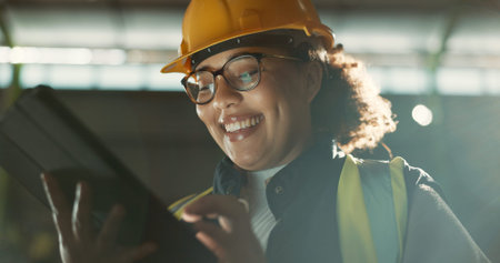 Happy woman, architect and tablet in warehouse for inspection, inventory or storage. Face of female...