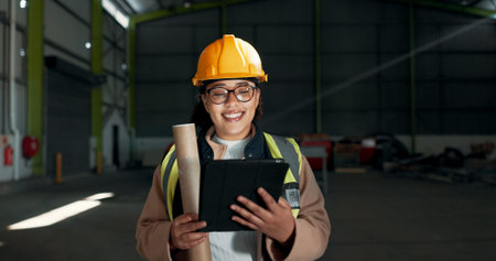 Architect, tablet or factory woman, happy engineer and smile for construction design, maintenance or...