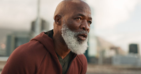 Breathing, break and tired senior man in city for fitness training, cardio or intense run. Sports,...