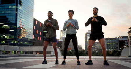 People, fitness and outdoor in city, workout and evening for exercise, group and strong. Training,...