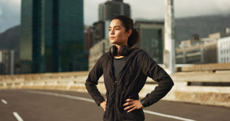 Thinking, city and woman training, active and looking at view, buildings and planning morning...
