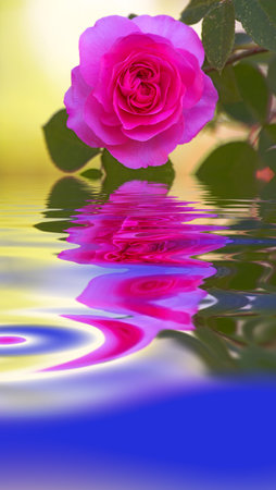Closeup of pink rose reflecting on texture water with copy space, symbolising mother nature, earth and liquid as a life source. Vibrant garden flower blossoming and blooming with hydrating fluidの写真素材