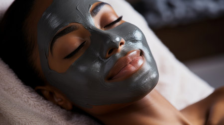 Woman wearing mask on face in spa beauty salon. Relaxed woman, skin beauty treatmentの素材