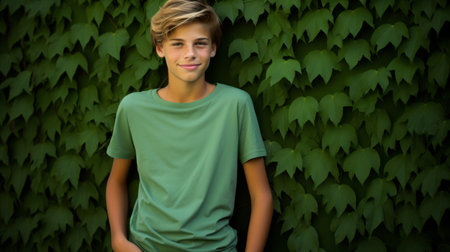 Portrait of young male, wearing a green t-shirt against a plant wall for eco friendly conceptの素材