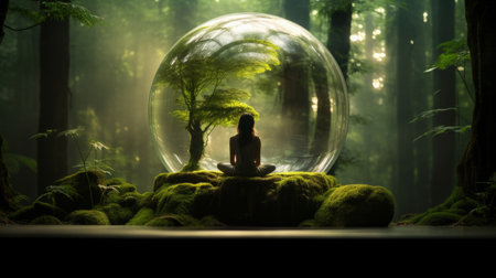 Meditation in a glass ball or sphere of consciousness in nature. Mental health conceptの素材