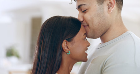 Face, love and trust with a couple closeup in their apartment together for care, romance or bonding....