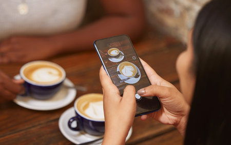 Photo, coffee and woman with a phone at a coffee shop for social media, internet and mobile app....